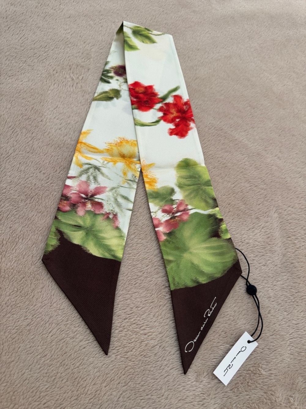 Oscar de la Renta Floral Satin Twilly in White, Green & Brown